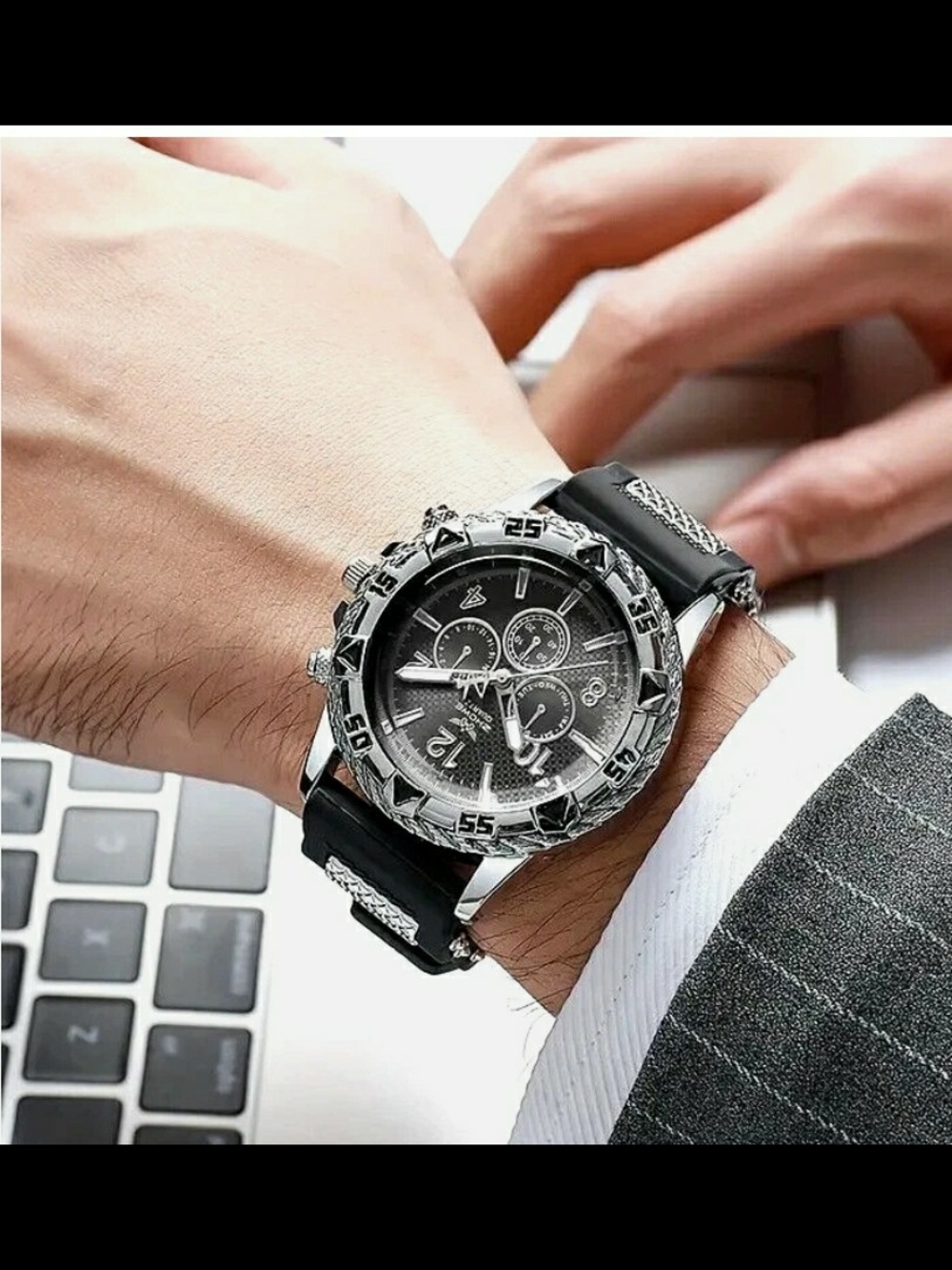 Black Chronograph Men's Watch with Silver Accents Water-Resistant Sports
